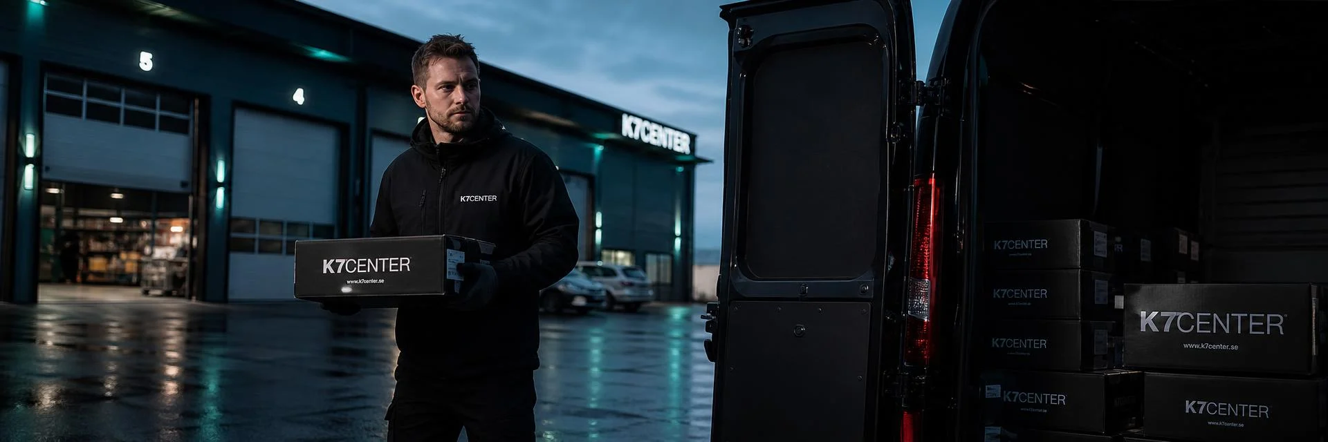 Medarbetare i K7CENTER-jacka packar upp nya bildelar i showroomet